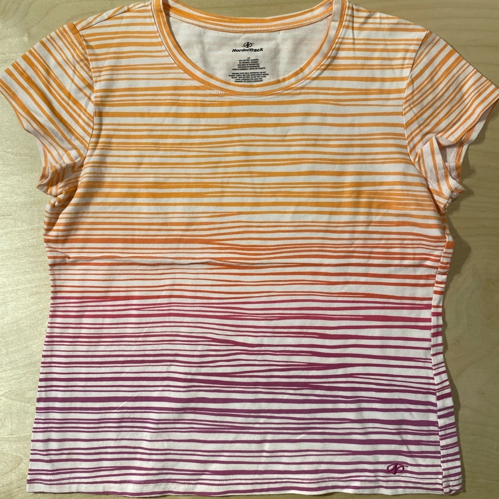 NordicTrack Women's Orange and Purple Striped Tee Large (QB)